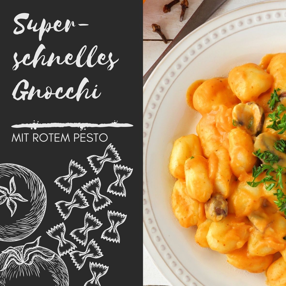 Gnocchi mit rotem pesto sauce mit Creme und Petersilie in weissem Teller