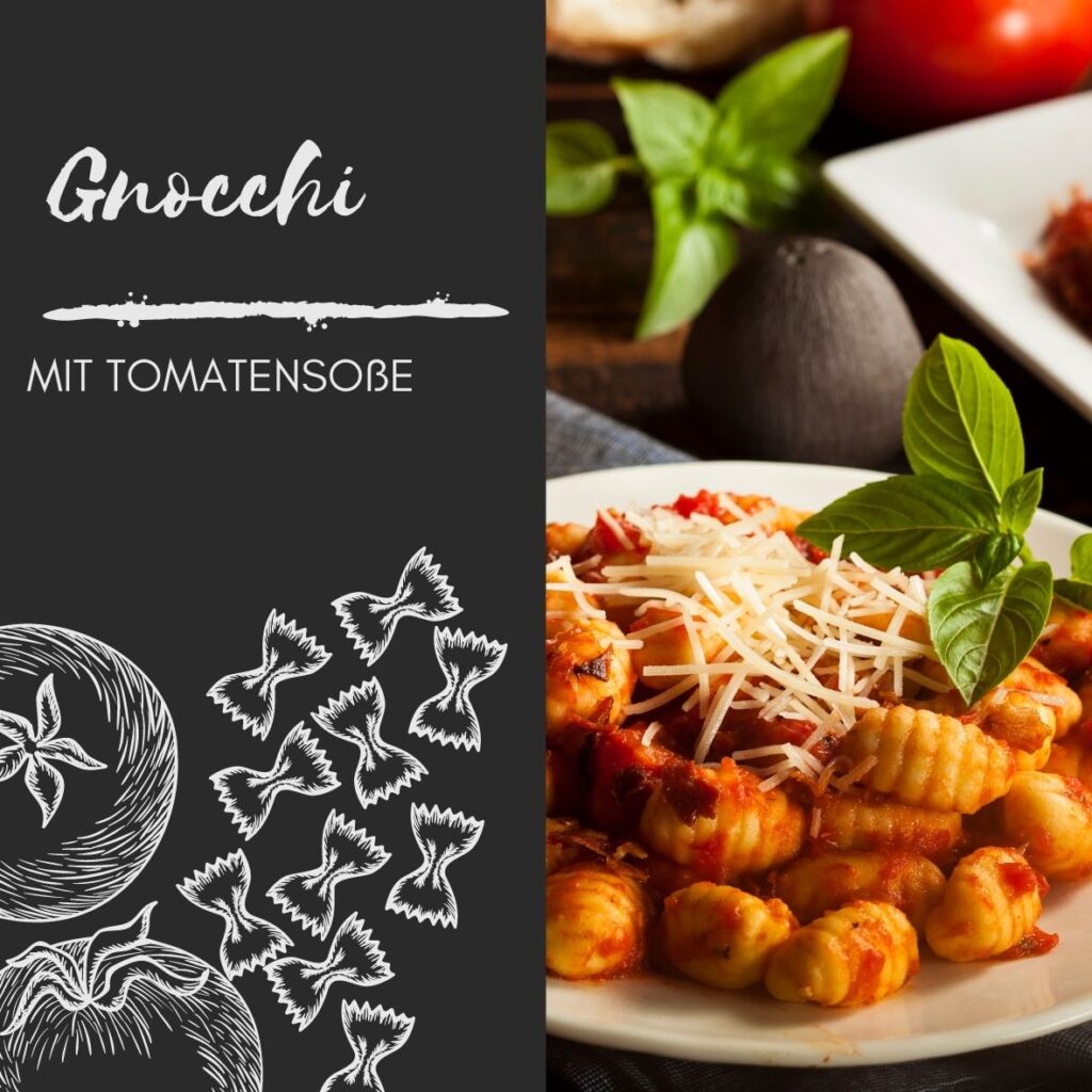 Gnocchi mit Tomatensauce in weissem Teller mit Basilikum und Mozarella